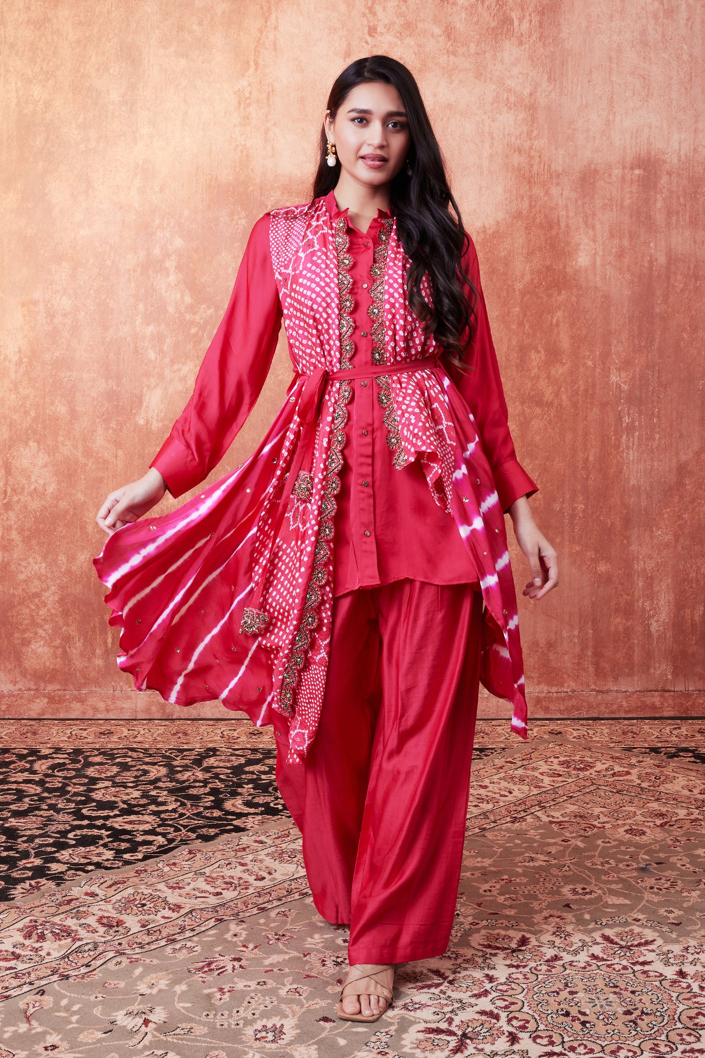 Bandhani Leheriya Draped Shirt Set