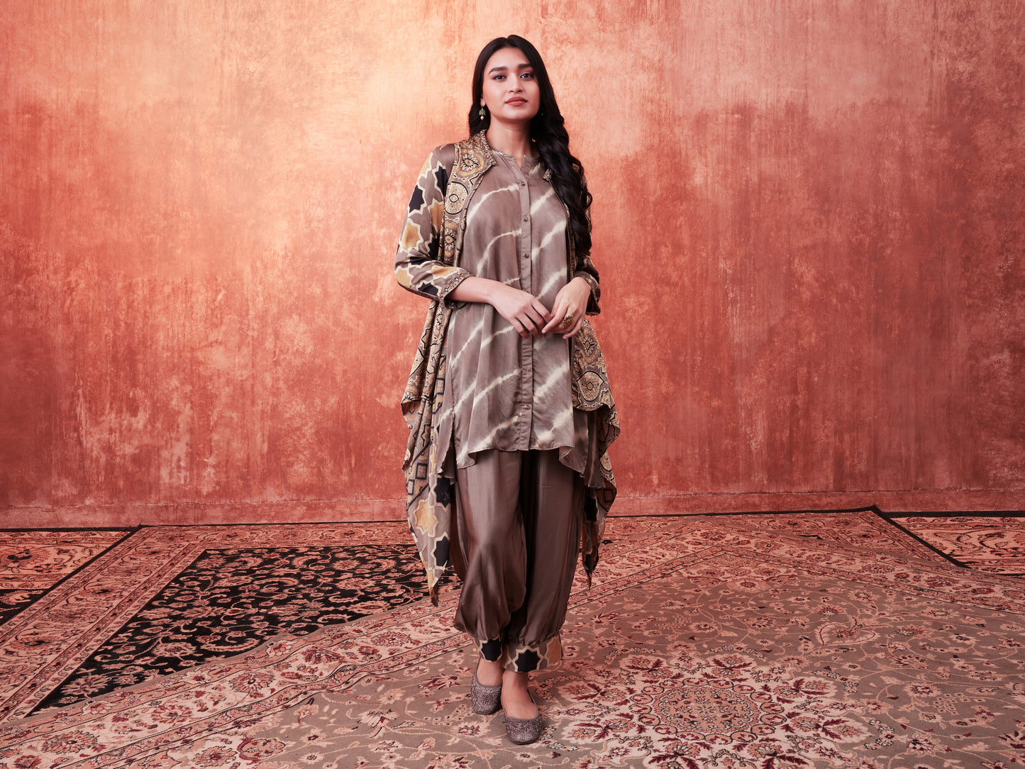 8004 Leheriya Shirt, Ajrakh Cape and Cuffed Trousers