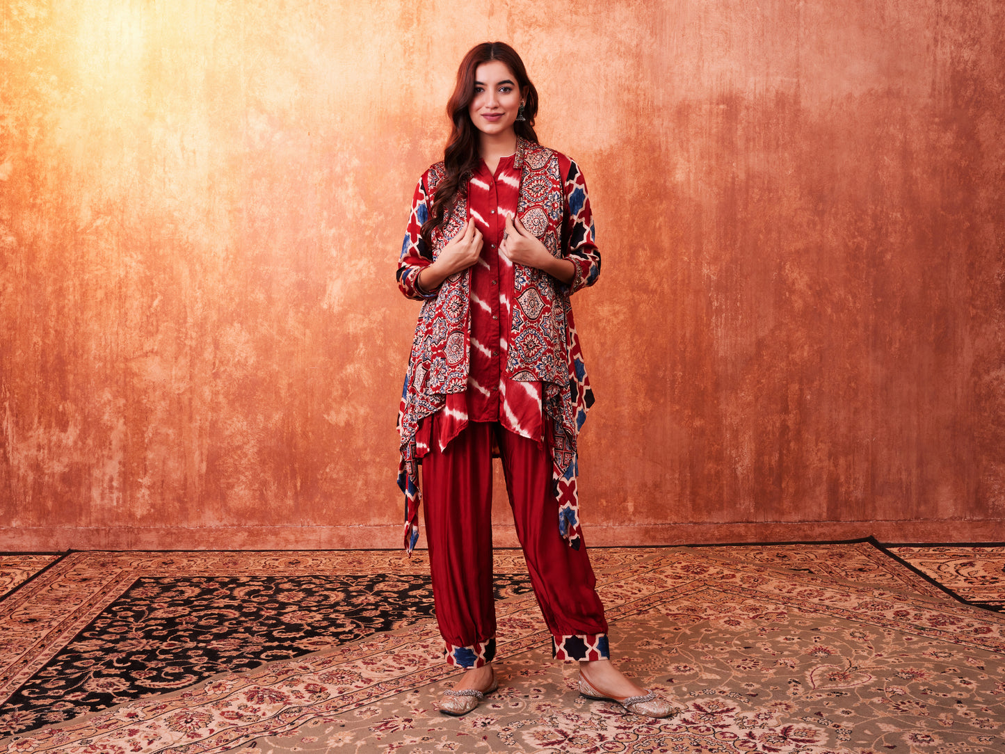 8004 Leheriya Shirt, Ajrakh Cape and Cuffed Trousers