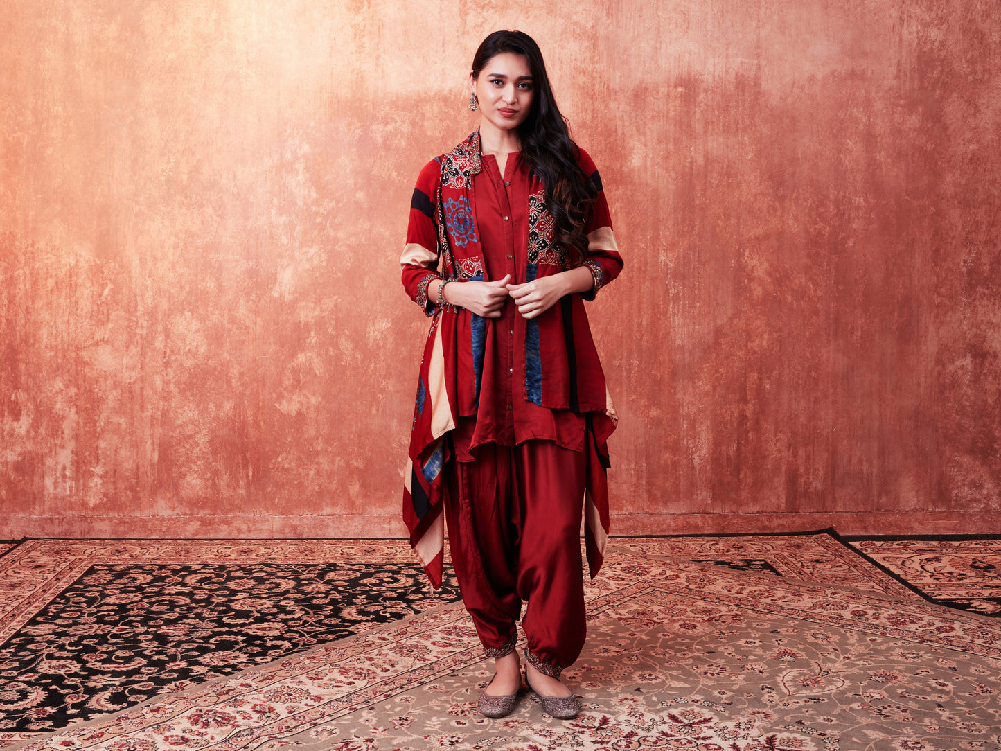 8005 Solid Shirt, Ajrakh Cape and Cowl Trousers