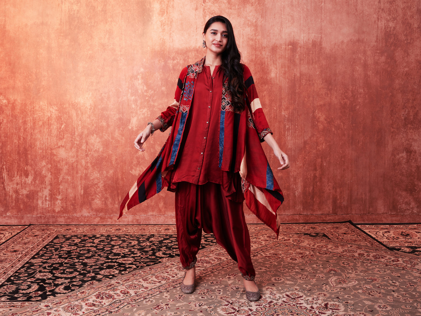 8005 Solid Shirt, Ajrakh Cape and Cowl Trousers