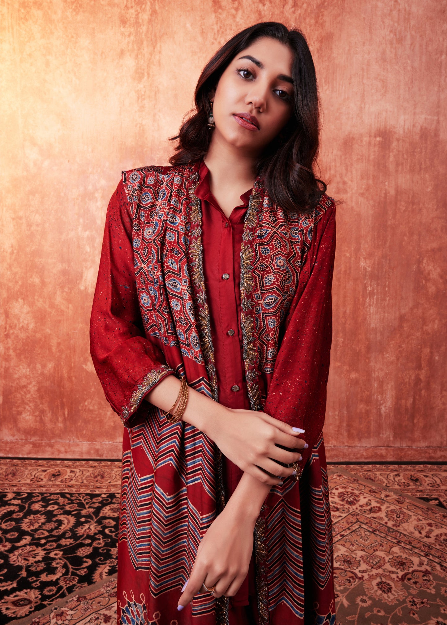 8012 Ajrakh Jacket, Shirt and Cuffed Trousers