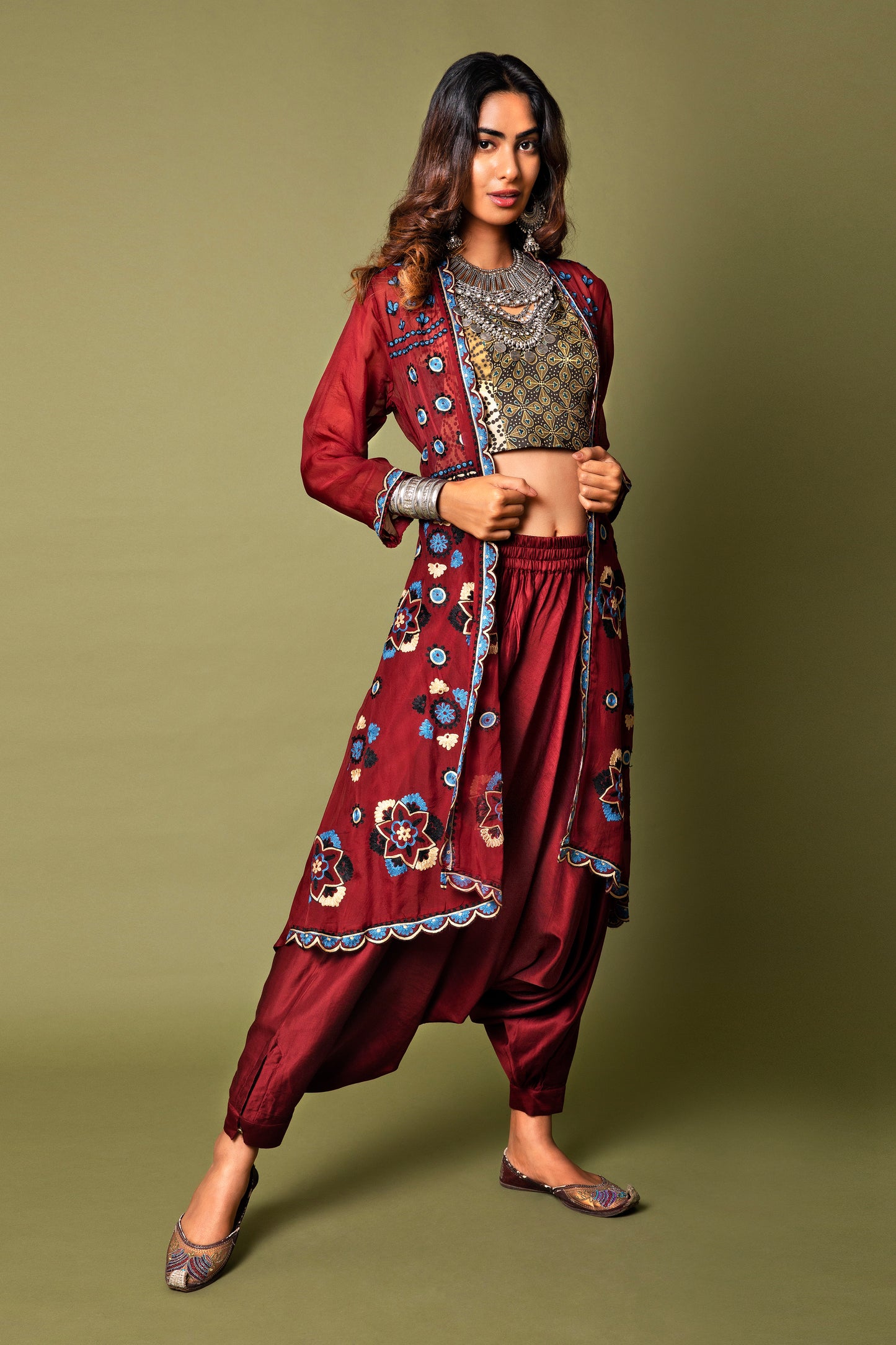 Tie Up Crop Top And Jacket With Panelled Cowl Trousers