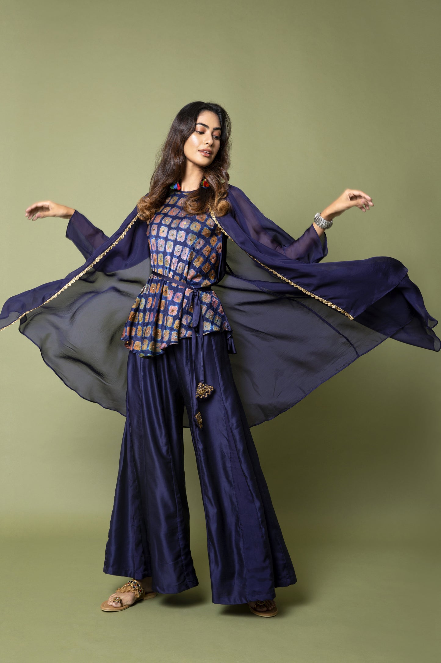 Bias Top And High Low Jacket With Panelled Sharara Trousers