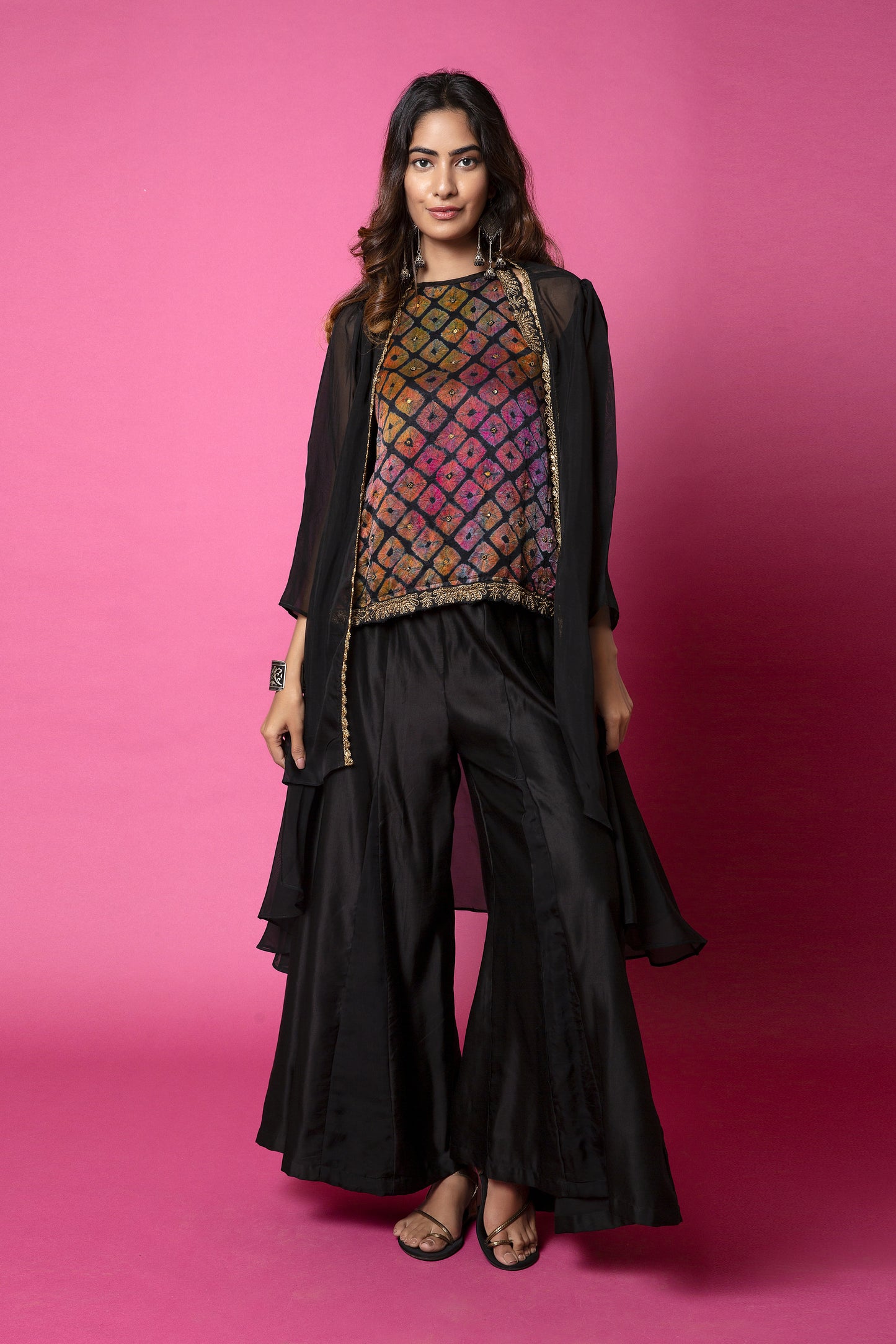 Flared Top And Jacket With Panelled Sharara Trousers