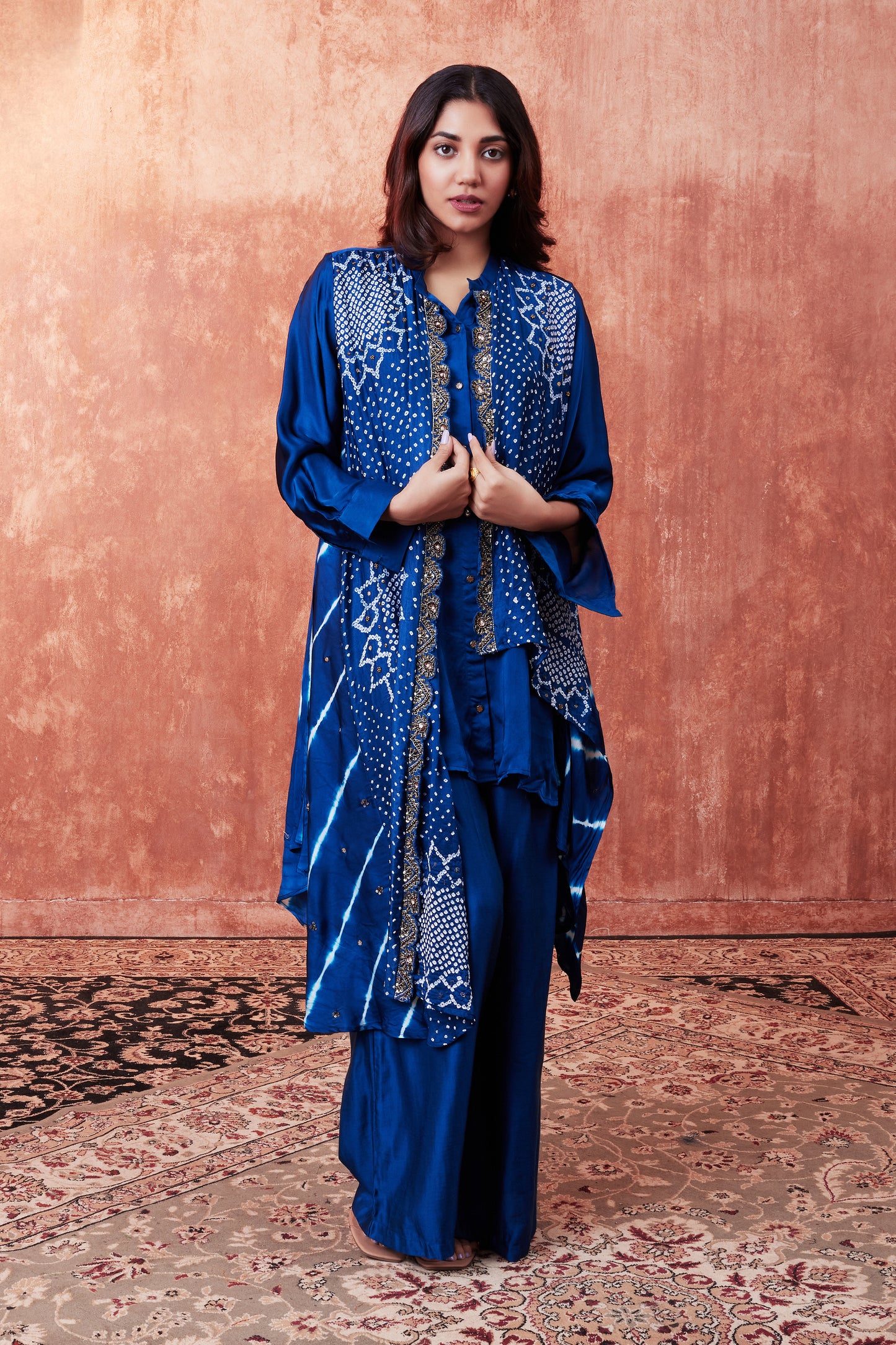 Bandhani Leheriya Draped Shirt Set