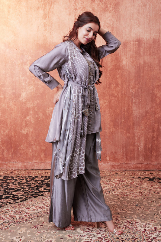 Bandhani Leheriya Draped Shirt Set