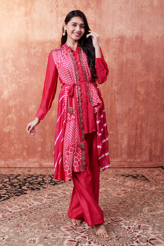 Bandhani Leheriya Draped Shirt Set