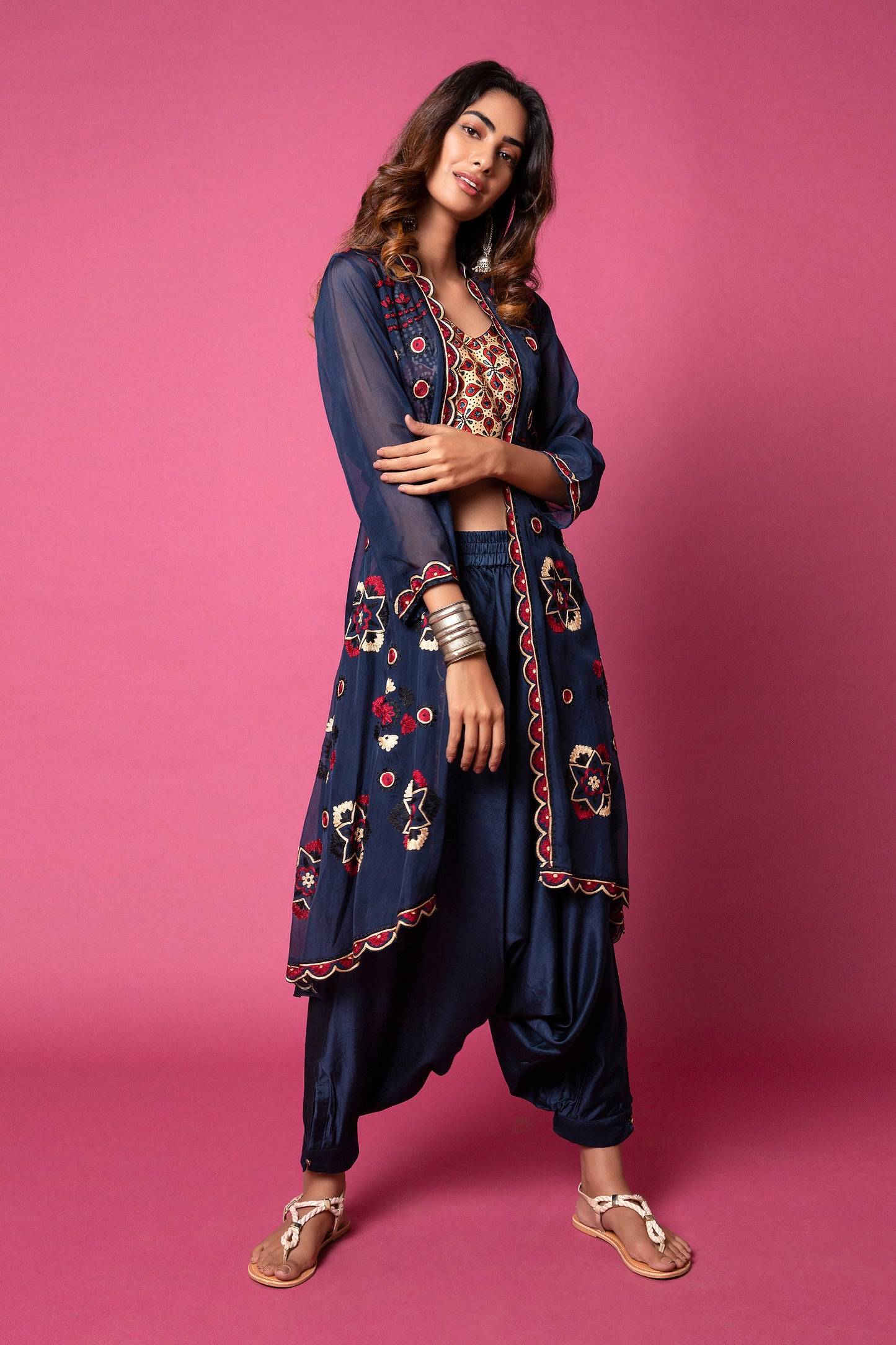 Tie Up Crop Top And Jacket With Panelled Cowl Trousers