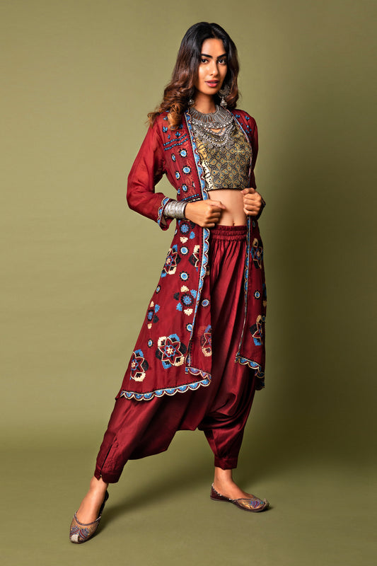 Tie Up Crop Top And Jacket With Panelled Cowl Trousers