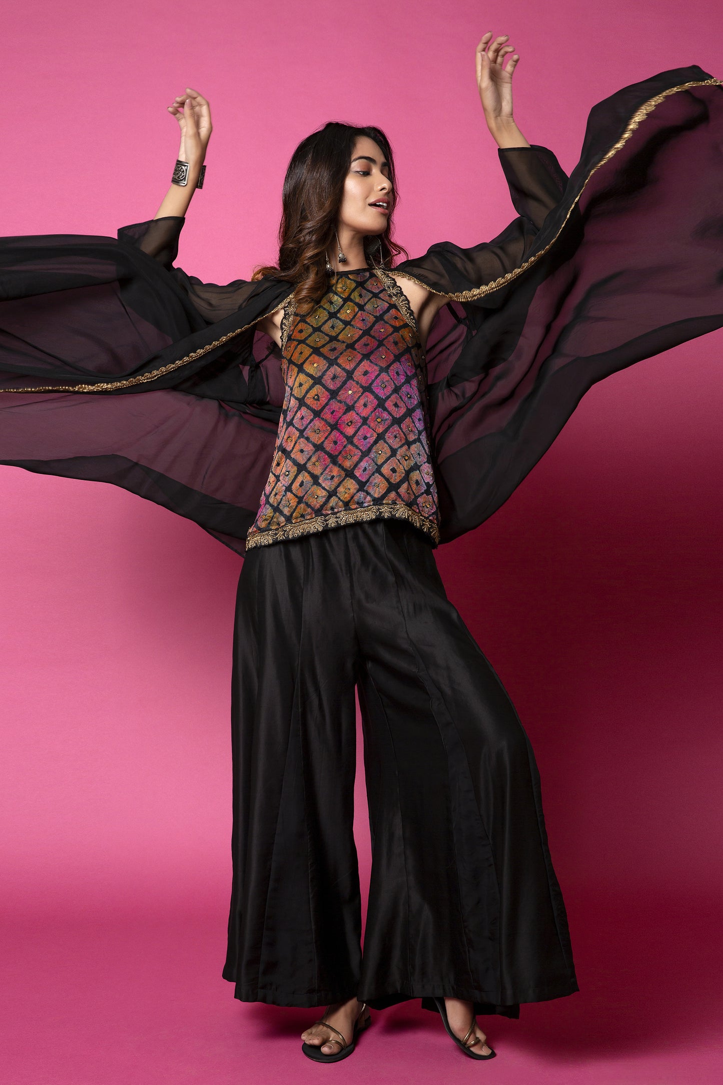 Flared Top And Jacket With Panelled Sharara Trousers