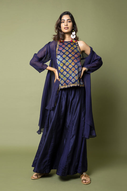 Flared Top And Jacket With Panelled Sharara Trousers
