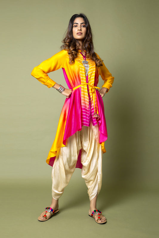 High Low Kali Button Down Shirt With Overlapping Dhoti Trousers