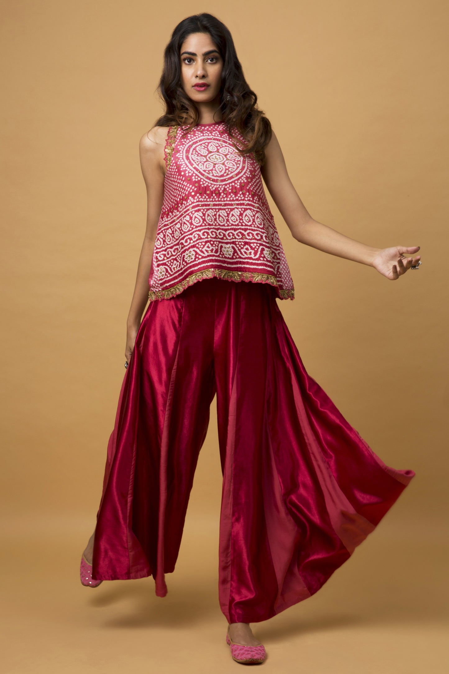 Burnt Metallic Pink Flared Top & Matching Sharara Trousers