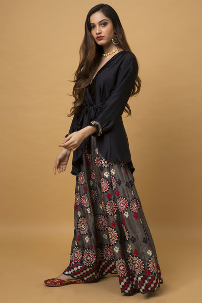 Oxford Blue Wrap Top & Pewter Sharara Pant Set