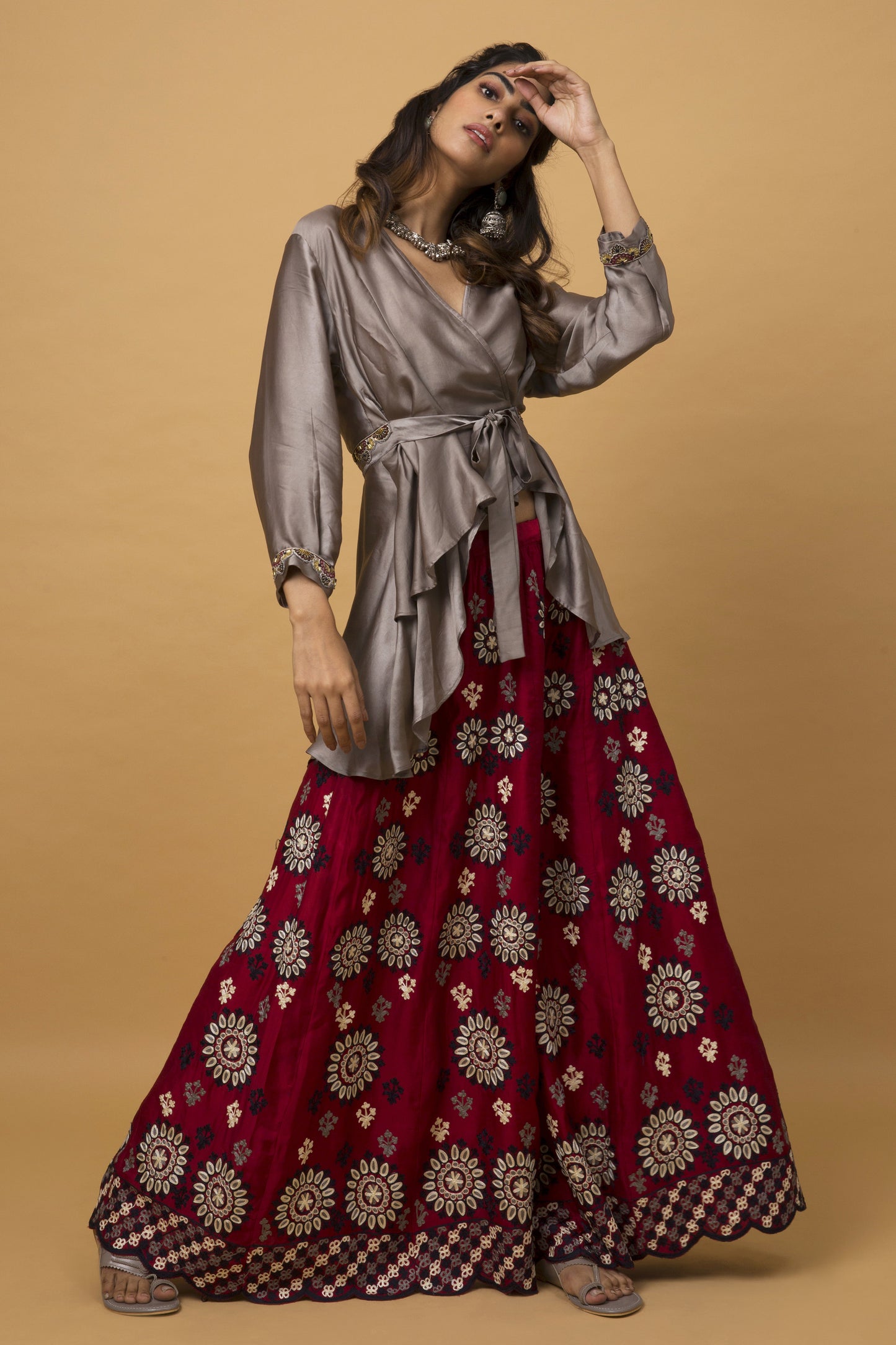 Pewter Wrap Top & Deep Red Sharara Set