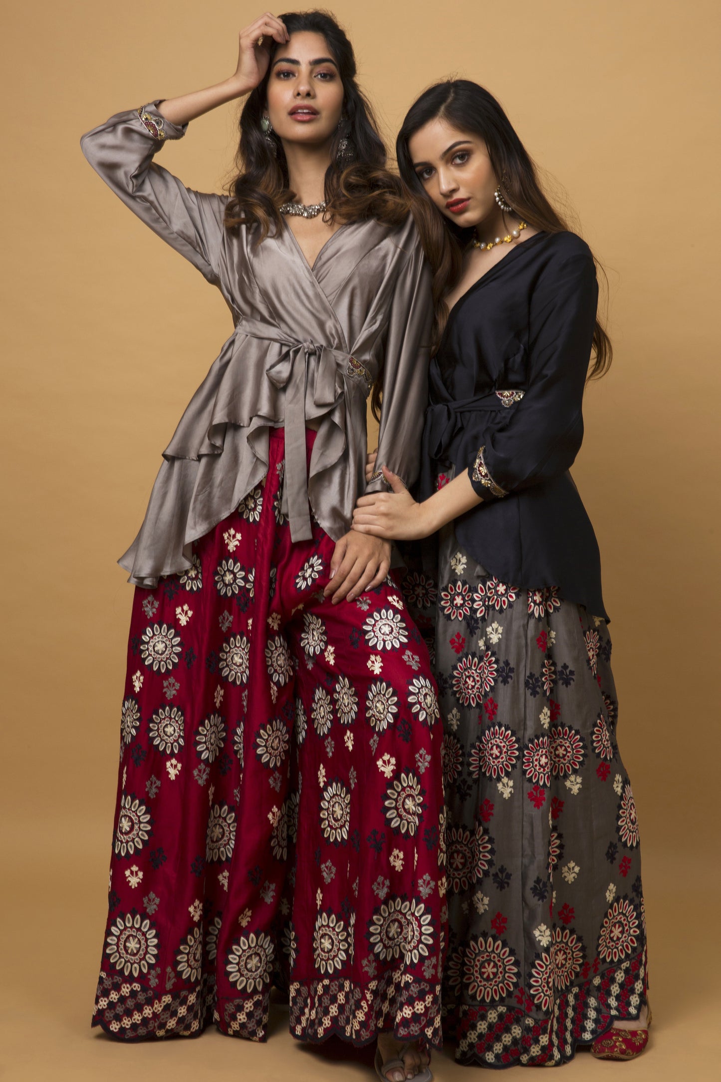 Pewter Wrap Top & Deep Red Sharara Set
